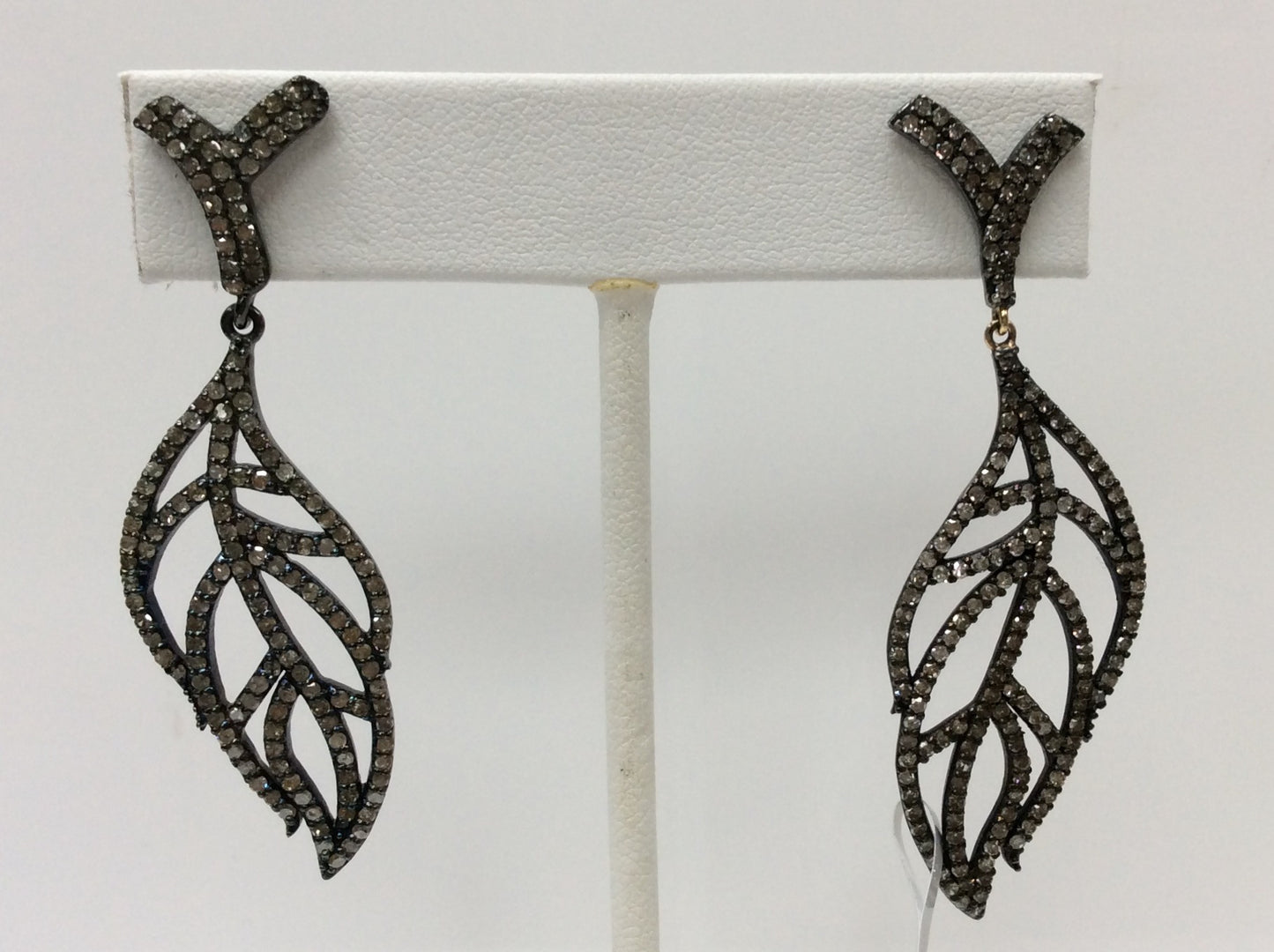 Feather Diamond Silver Earring .925 Oxidized Sterling Silver Diamond Earring, Genuine handmade pave diamond Earring Size 2.32"(18 x 58 MM )