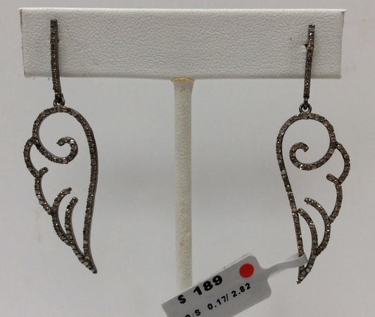 Wings Diamond Earrings .925 Oxidized Sterling Silver Diamond Earring, Genuine handmade pave diamond Earring Size 2.08"(16 x 52 MM )
