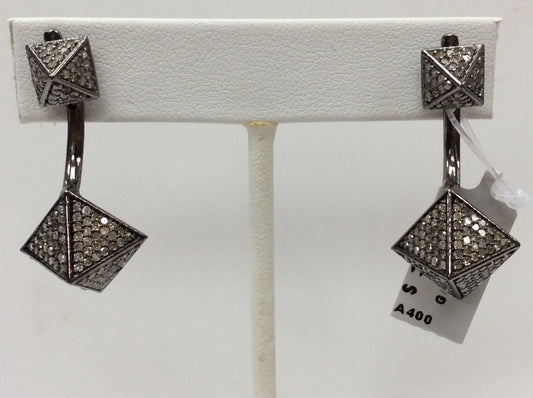 Square Diamond Silver Earring .925 Oxidized Sterling Silver Diamond Earring, Genuine handmade pave diamond Earring Size 1.48"(17 x 37 MM )