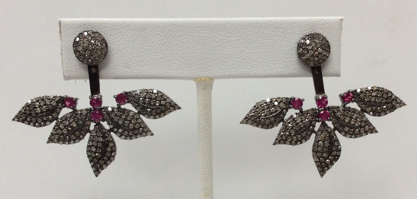 Flower Diamond Silver Earring .925 Oxidized Sterling Silver Diamond Earring, Genuine handmade pave diamond Earring Size 1.56"(32 x 39 MM )