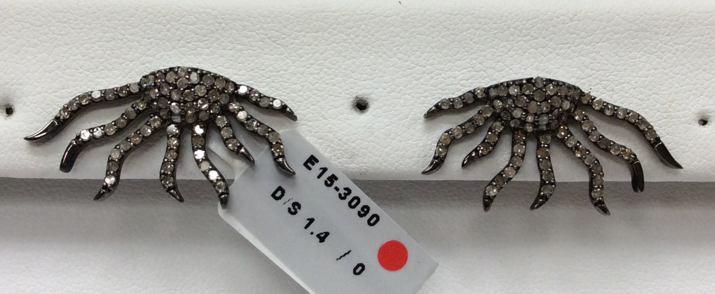 Sun Diamond Silver Earring .925 Oxidized Sterling Silver Diamond Earring, Genuine handmade pave diamond Earring Size 1.12"(14 x 28 MM )