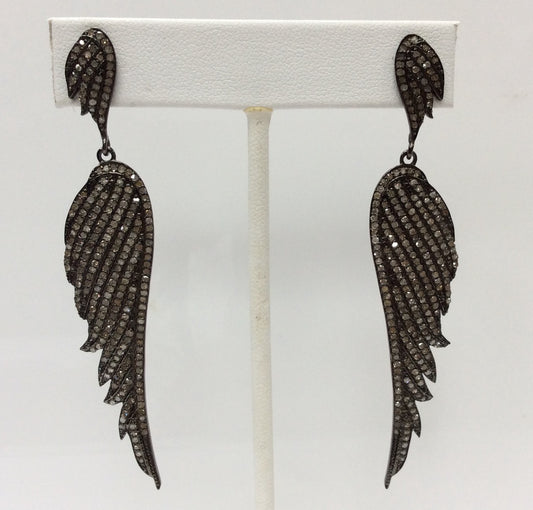 Wings Diamond Earrings .925 Oxidized Sterling Silver Diamond Earring, Genuine handmade pave diamond Earring Size 3.12"(15 x 78 MM )