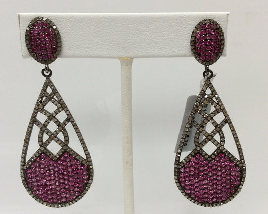 Diamond Silver Earring .925 Oxidized Sterling Silver Diamond Earring, Genuine handmade pave diamond Earring Size 2.48"(24 x 62 MM )