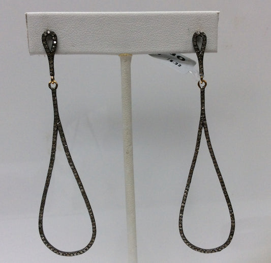 Diamond Silver Earring .925 Oxidized Sterling Silver Diamond Earring, Genuine handmade pave diamond Earring Size 3.20"(21 x 80 MM )