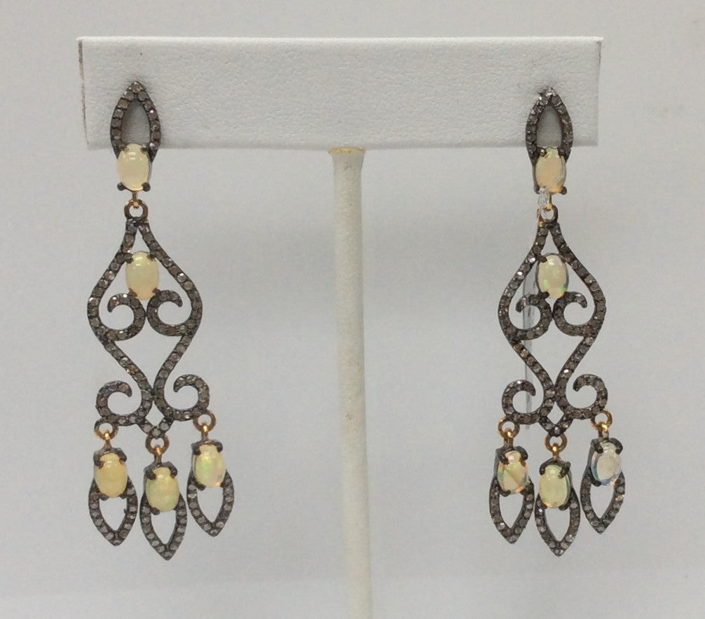 Diamond Art Deco Opal with Diamond Earring, Pave Diamond Earring, Pave Art Deco Earring, Appx 62 x 18mm. Sterling Silver