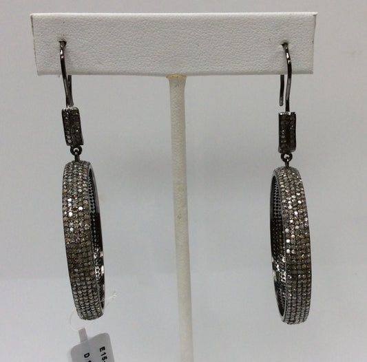 Round Diamond Silver Earring .925 Oxidized Sterling Silver Diamond Earring, Genuine handmade pave diamond Earring Size 2.80"(6 x 70 MM )