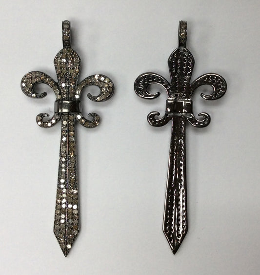 Sword Diamond Charm .925 Oxidized Sterling Silver Diamond Charm, Genuine handmade pave diamond Charm Size Approx 2.16"(21 x 54 MM)