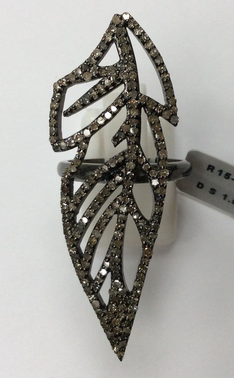 Leaf Pave Diamond Ring .925 Oxidized Sterling Silver Diamond Ring, Genuine handmade pave diamond Ring Size Approx 1.88"(17 x 47 MM)