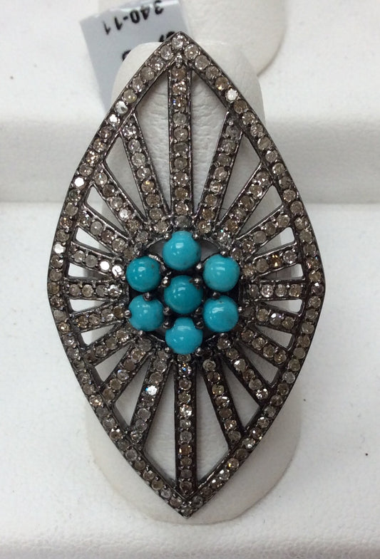 Eye Pave Diamond Ring .925 Oxidized Sterling Silver Diamond Ring, Genuine handmade pave diamond Ring Size Approx 1.64"(23 x 41 MM)