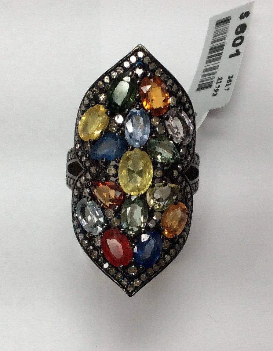 Diamond and Silver Multi Sapphire Black Rhodium Finish Rings