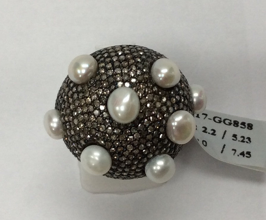Diamond Dome Diamond Ring with Pearls, Pave Diamond Ring, Pave Dome Ring with Pearls, Approx 19 x 24mm. Sterling Silver