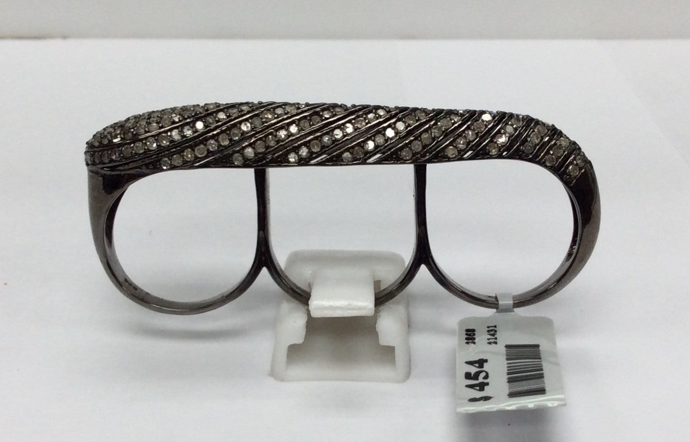 Pave Diamond Ring,Diamond Ring,Long Triple Finger Ring, Approx 2.20''( 58mm) Oxidised Silver