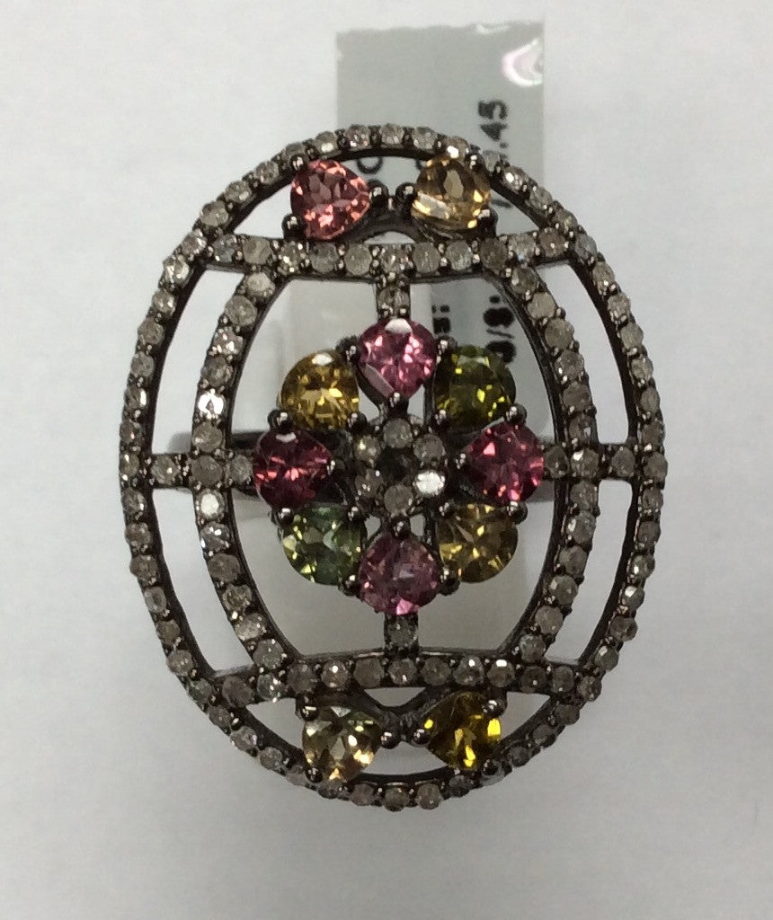 Diamond and Multi Tourmaline Silver Black Rhodium Finish Rings