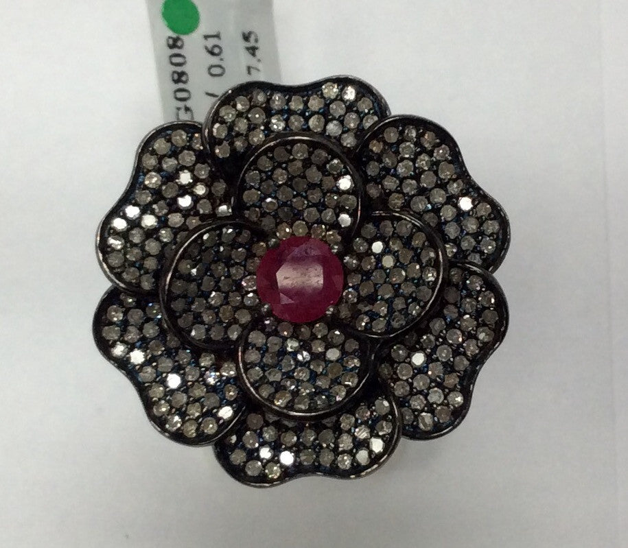 Diamond and Silver Ruby Black Rhodium Finish Ring
