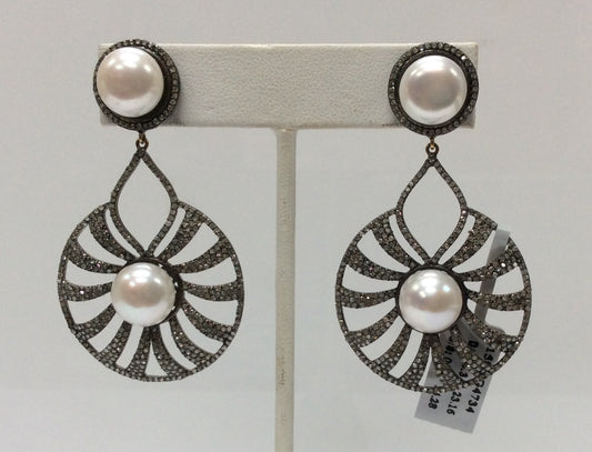 Diamond and Silver Pearl Black Rhodium Finish Earring