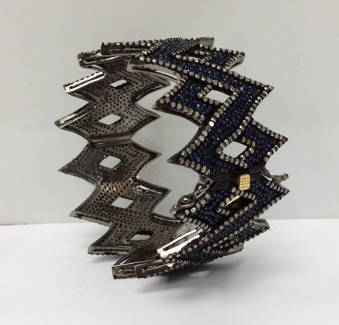 Diamond And Natural Blue Sapphire Bangles, Oxdized Silver,Approx 1.40''(35mm) wide
