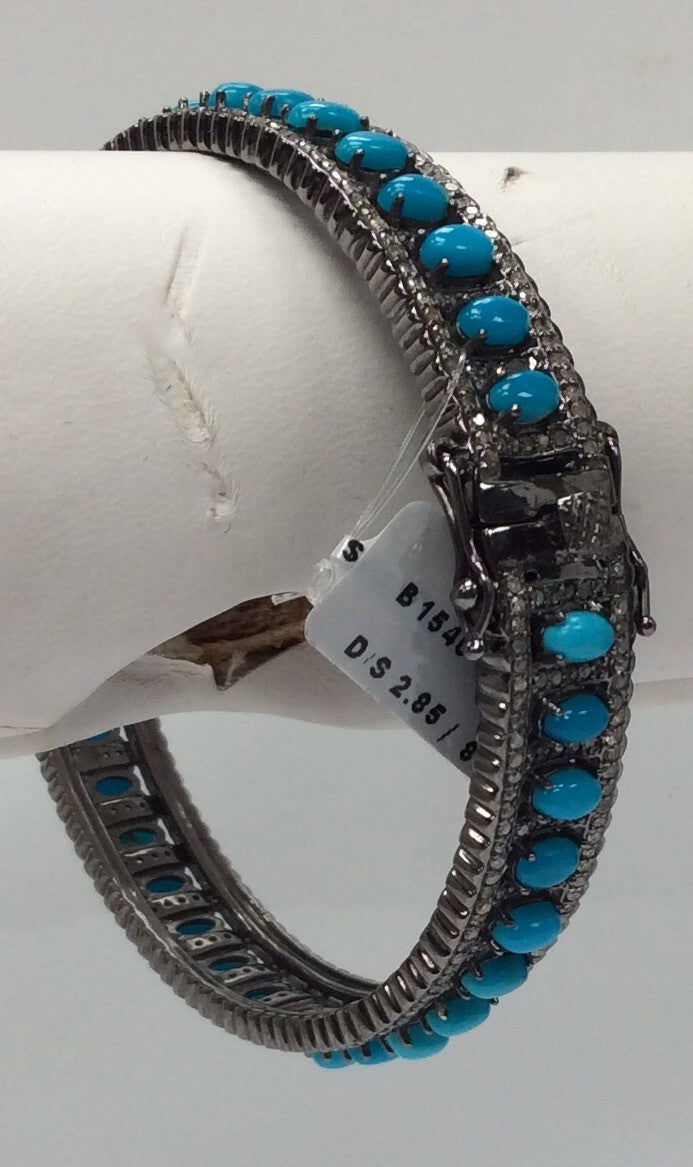 Diamond And Natural Sleeping Beauty Turquoise Bangle, Oxdized Silver,Approx 0.45''(11mm) wide