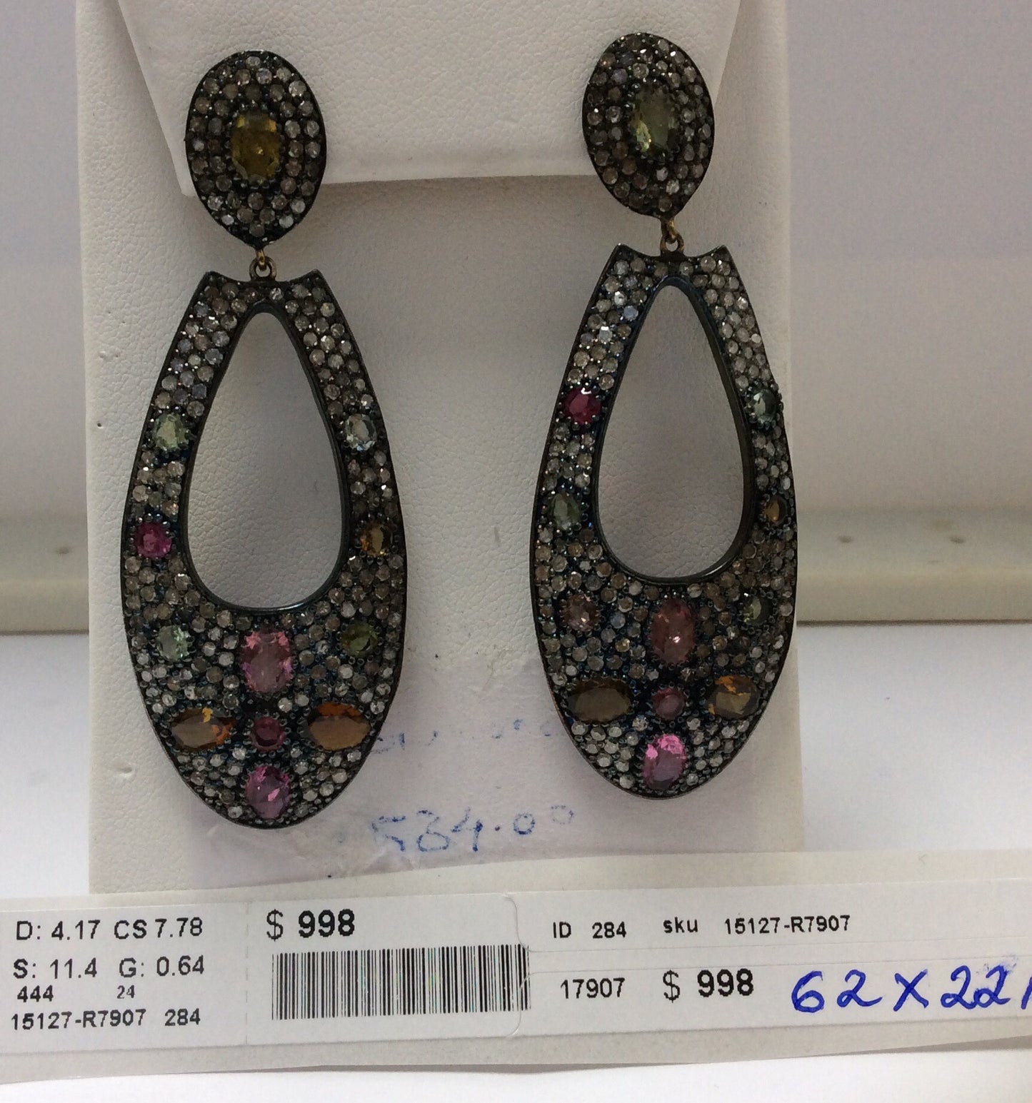 Diamond and Silver Multi Tourmaline Black Rhodium Finish Earring