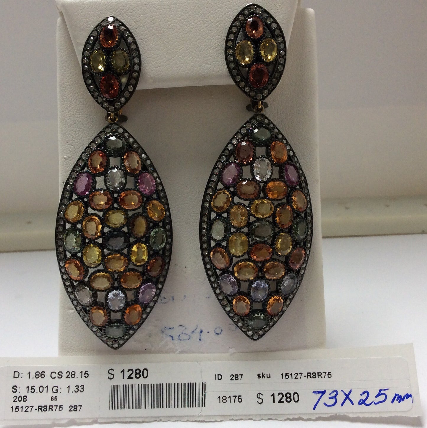 Diamond and Silver multi Sapphire Black Rhodium Finish Earring.