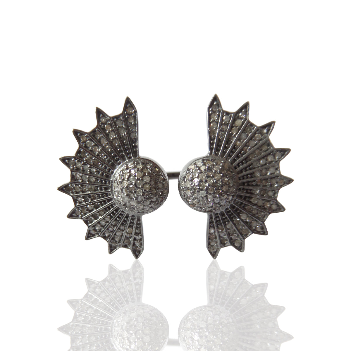 Diamond Flower with 2 Dome Diamond Ring, Pave Diamond Ring, Pave Flower with 2 Dome Ring, Approx 26 x 36mm. Sterling Silver