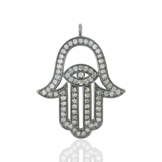 Diamond Hamsa Hand with Blue Sapphire Pendant, Pave Diamond Pendant, Hamsa Hand Necklace, Approx 27 x 22mm. Sterling Silver