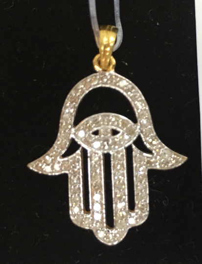 14K Solid Gold Diamond Hamsa Hand Pendants. Approx Size 1.28 "(24 x 32 mm)