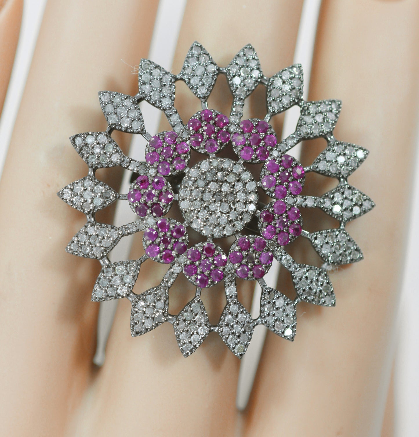 Pave Diamond Ring With Ruby .925 Oxidized Sterling Silver Diamond Ring, Genuine handmade pave diamond Ring Size Approx 1.52"(38 MM)