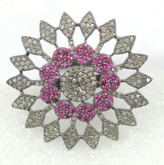 Pave Diamond Ring With Ruby .925 Oxidized Sterling Silver Diamond Ring, Genuine handmade pave diamond Ring Size Approx 1.52"(38 MM)