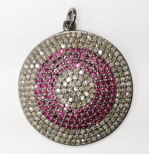 Round Disc Diamond & Gemstones Pendants,27 mm Genuine handmade pave diamond pendants,.925 Oxidized Sterling Silver Diamond Pendant