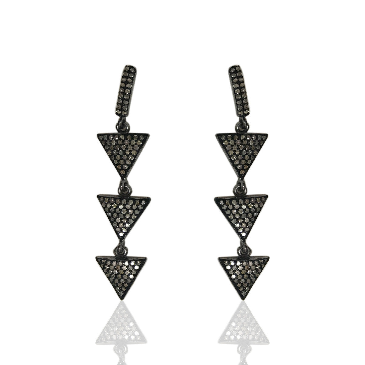 Triangle Shape Diamond Earrings .925 Oxidized Sterling Silver Diamond Earring, Genuine handmade pave diamond Earring Size 2.40"(12 x 60 MM )