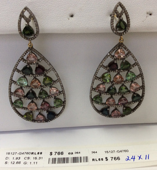Diamond and Silver Multi Tourmaline Black Rhodium Finish Earrings