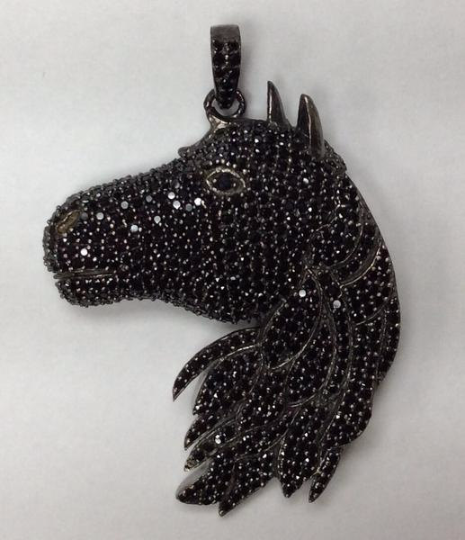 Horse Head Black Spinel Charm, Pave Black Spinel ,Approx 1.52'' ( 30 x 38 mm) Oxidized Silver, Silver ,Black Spinel