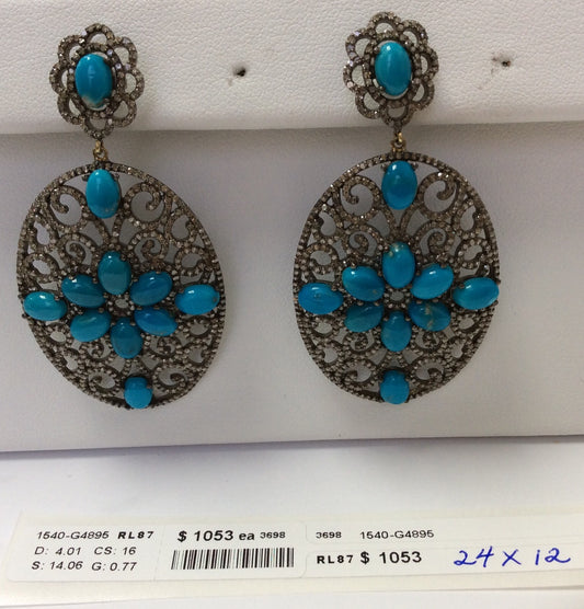 Diamond and Silver Turquoise Stone Black Rhodium Finish Earrings