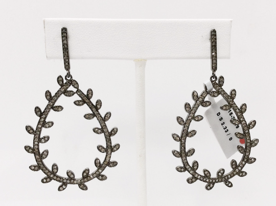 Diamond Silver Earring .925 Oxidized Sterling Silver Diamond Earring, Genuine handmade pave diamond Earring Size 2.40"(34 x 60 MM )