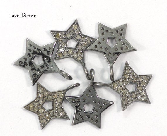 Stars Diamond Charm .925 Oxidized Sterling Silver Diamond Charms, Genuine handmade pave diamond Charm Size Approx 0.52"(13 x 13 MM)