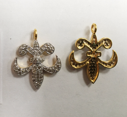 14K Solid Gold Diamond Fleur Di Lis Shape Pendants. Approx Size 0.88 "(22 x 18 mm)