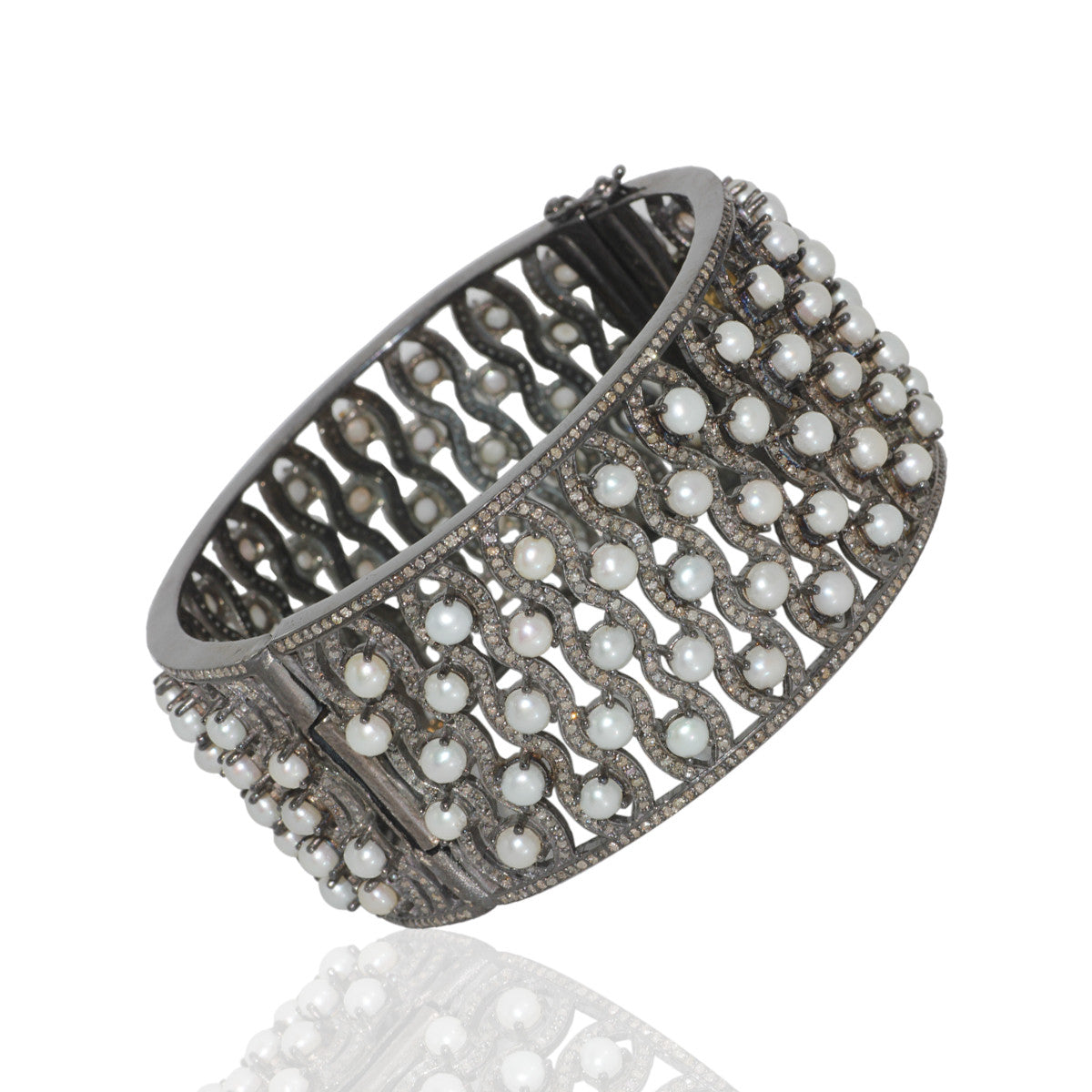 Pearl & Diamond Silver Bangle