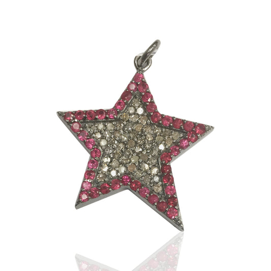 Star Diamond Necklace .925 Oxidized Sterling Silver Diamond Necklace, Genuine handmade pave diamond Necklace Size Approx 1.12"(28 x 25 mm)