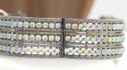 Opal & Diamond Silver Bangle