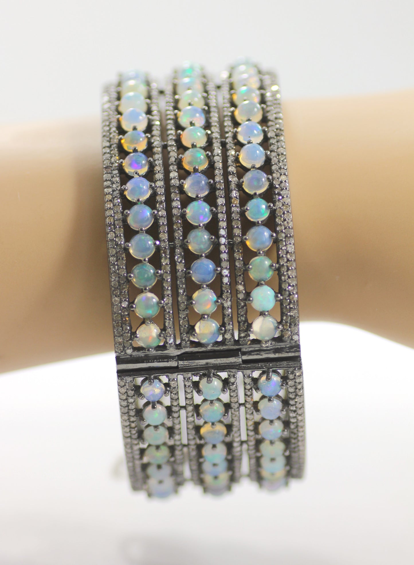 Opal & Diamond Silver Bangle