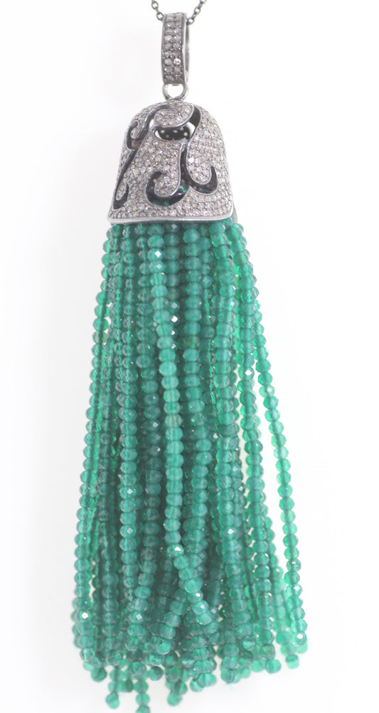 Diamond And Green onyx Tassel Necklace. 925 Oxidized Sterling Silver Diamond Tassel.
