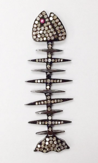Diamond Skeletal Fish Diamond Pendant, Pave Diamond Pendant, Skeletal Fish Necklace, Approx 43 x 16mm. Sterling Silver