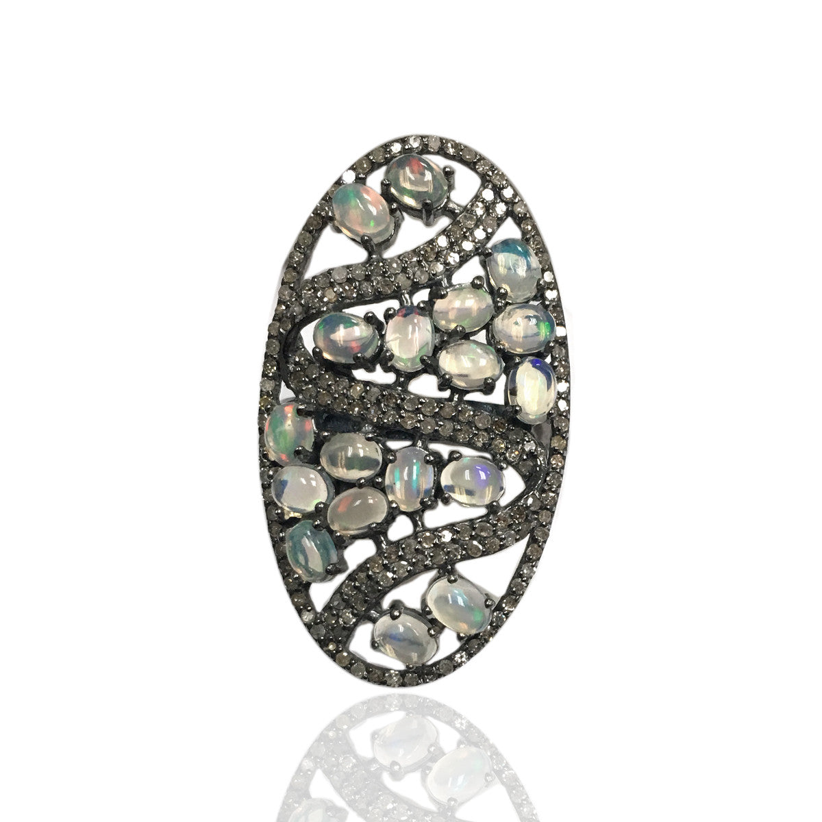 Oval Designer Diamond And Ethopian Opal Ring,Pave Diamond Ring,Diamond Ring,Pave Ring, Statement Ring, Oxidised Silver