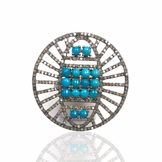 Round Shape Diamond And Natural Sleeping Beauty Turquoise Rings Pave Diamond Ring,Diamond Ring,Pave Ring, Statement Ring, Oxidized Silver
