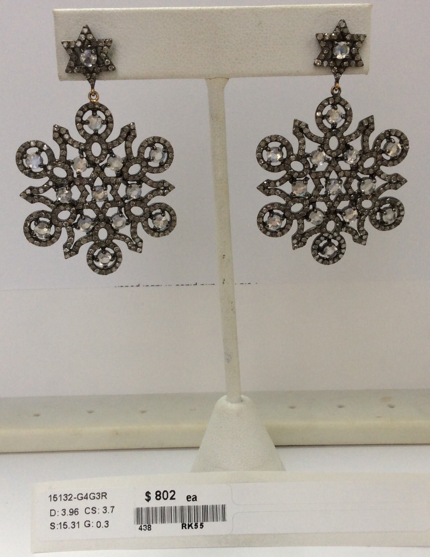 Diamond and White Rainbow Moon Stone Silver Earrings