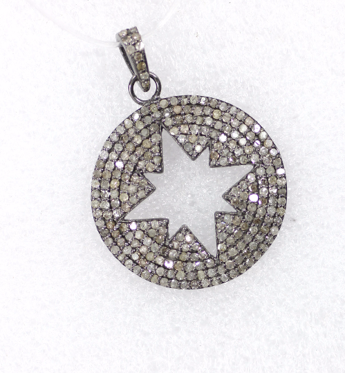 Star on Disc Diamond Necklace .925 Oxidized Sterling Silver Diamond Necklace, Genuine handmade pave diamond Necklace Size Approx 1.40"(25 x 35 MM)