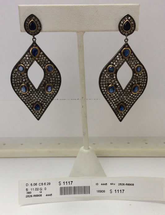 Diamond and Silver Blue Sapphire Black Rhodium Finish Earring