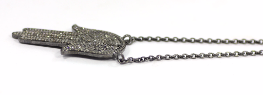 Hamsa Hand Diamond Necklace .925 Oxidized Sterling Silver Diamond Necklace, Genuine handmade pave diamond necklace Size Approx 1.60"(23 x 40 MM)