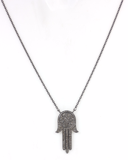 Hamsa Hand Diamond Necklace .925 Oxidized Sterling Silver Diamond Necklace, Genuine handmade pave diamond necklace Size Approx 1.60"(23 x 40 MM)