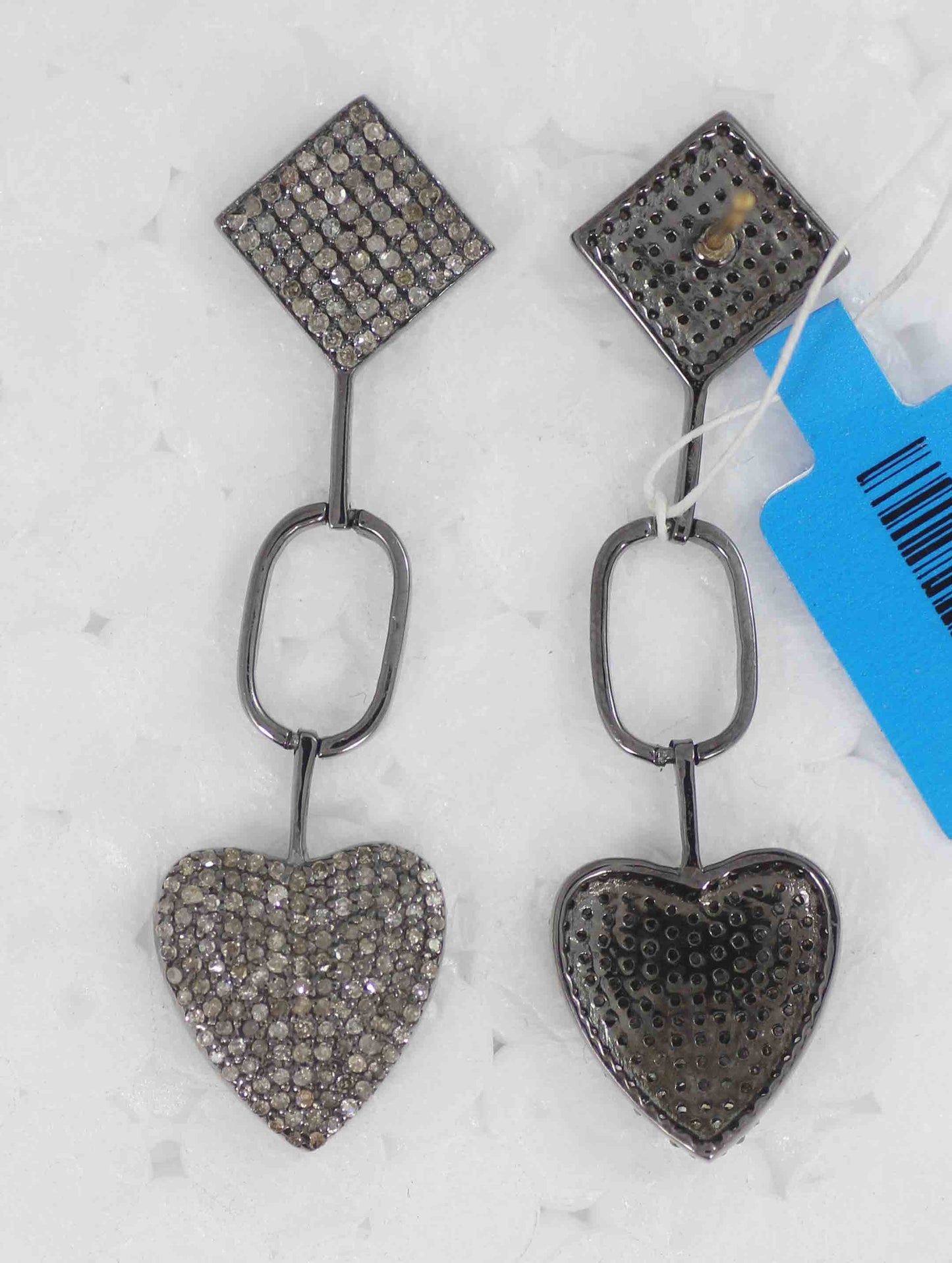 Heart shape Diamond Silver Earring .925 Oxidized Sterling Silver Diamond Earring, Genuine handmade pave diamond Earring Size 2.00"(14 x 50 MM )